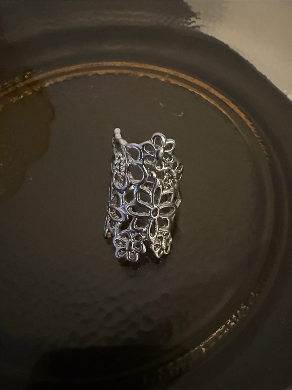 Floral Filigree Silver Tone Wide Band Ring